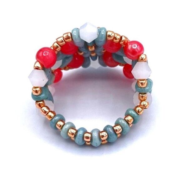 Sky Blue with Pink and White Opal Pearl Crystal Beaded Statement Ring Size 10 - Picture 5 of 8